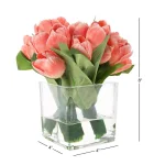 Pure Garden Soft Coral Tulip Floral Arrangement with Glass Vase and Faux Water thumbnail 2