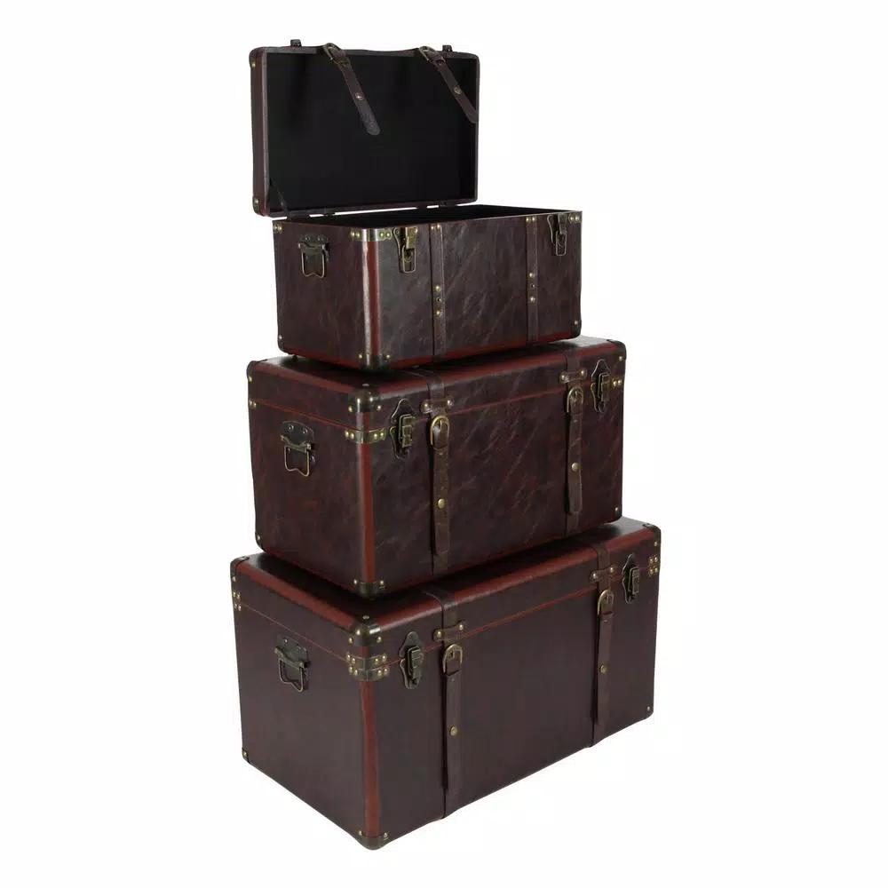 LITTON LANE Globetrotter Wood and Matte Brown Leather Decorative Trunk Set of 3