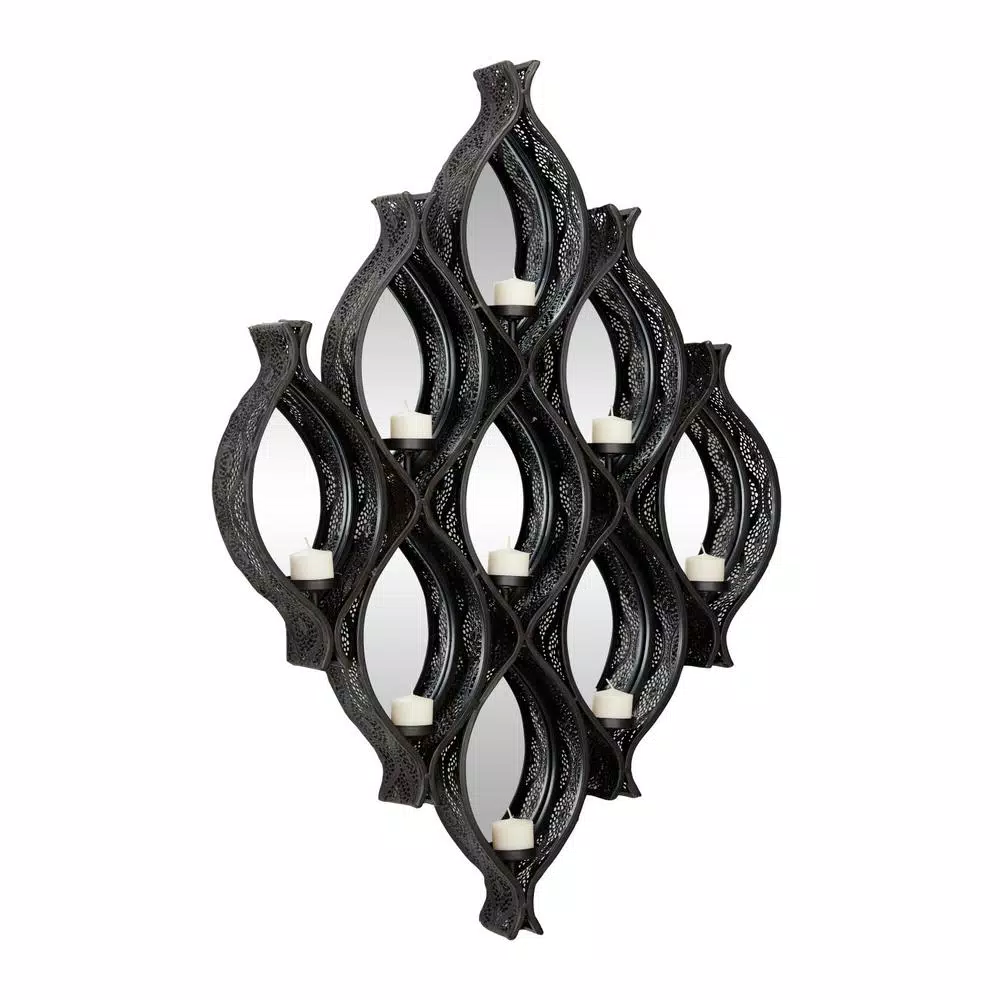 LITTON LANE Eclectic Large Black Diamond Mesh Metal Wall Sconce with Mirror Inlays