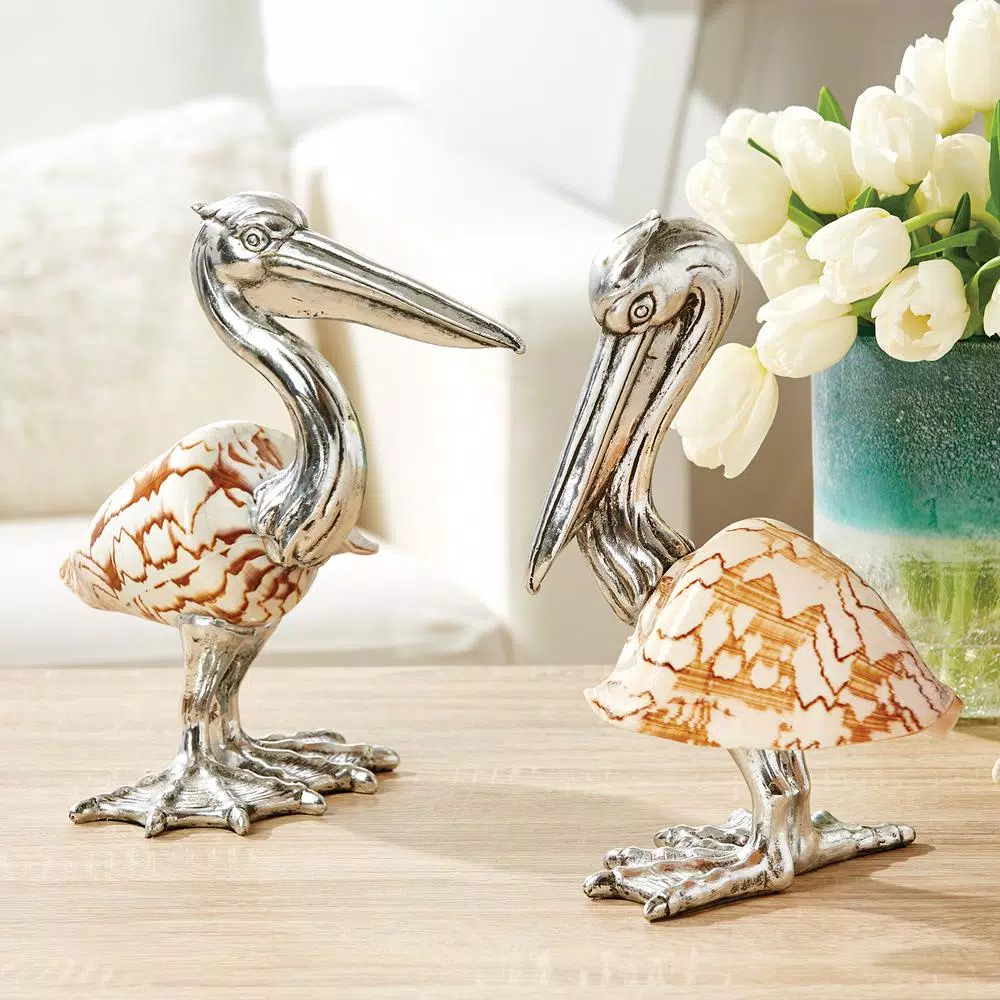 Two's Company Silver-Plated Resin Pelican Sculptures with Cymbiola Nobilis Shells - Set of 2