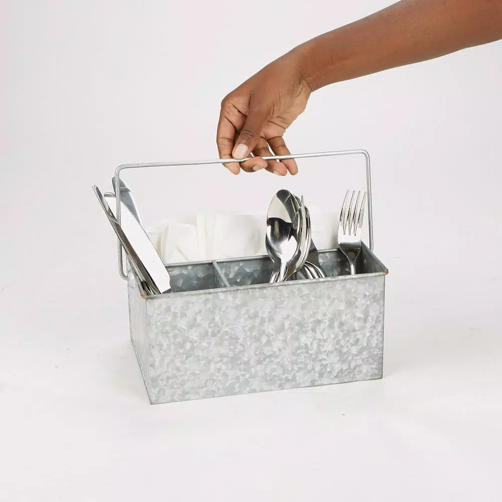 Mind Reader Silver Galvanized Steel Utensil Caddy - 3 Compartment Flatware & Condiment Organizer