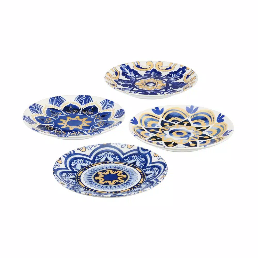 Home Decorators Collection Lisbon 4-Piece Twilight Blue and Mustard Yellow Salad Plate Set
