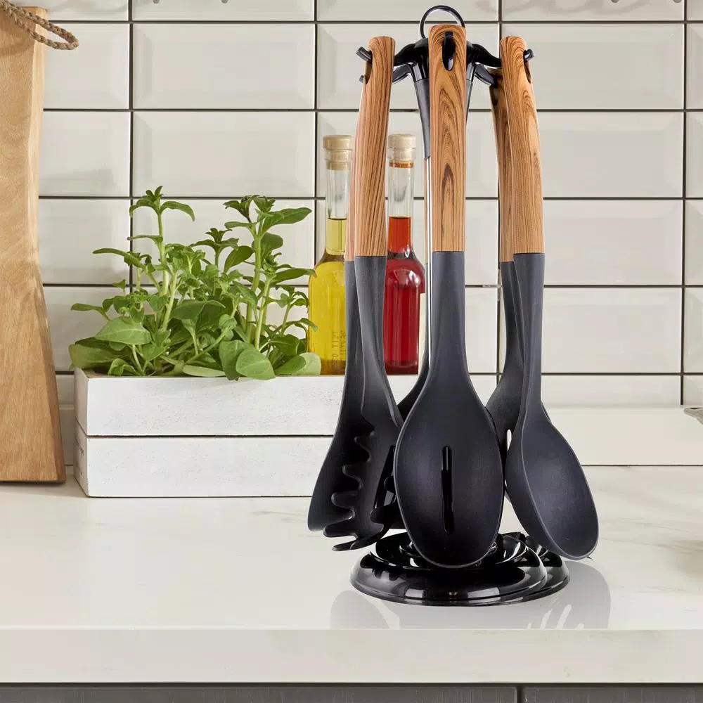 MegaChef 7-Piece Nylon Kitchen Utensil Set with Wood Design Finish