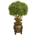 Nearly Natural 44 in. Artificial Boxwood Topiary Tree in Designer Wood Planter thumbnail 1