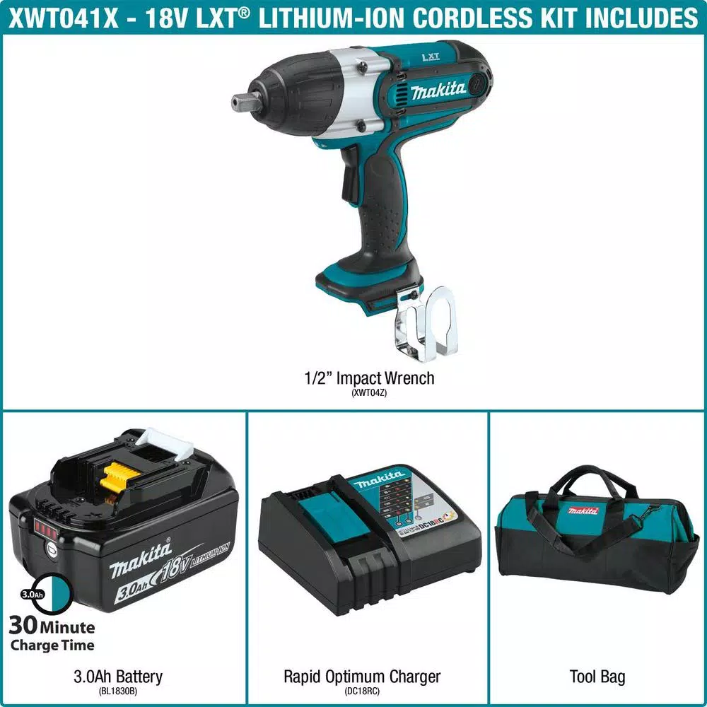 Makita 18V LXT Cordless 1/2 in. Impact Wrench Kit with 3.0Ah Battery, Charger, and Tool Bag