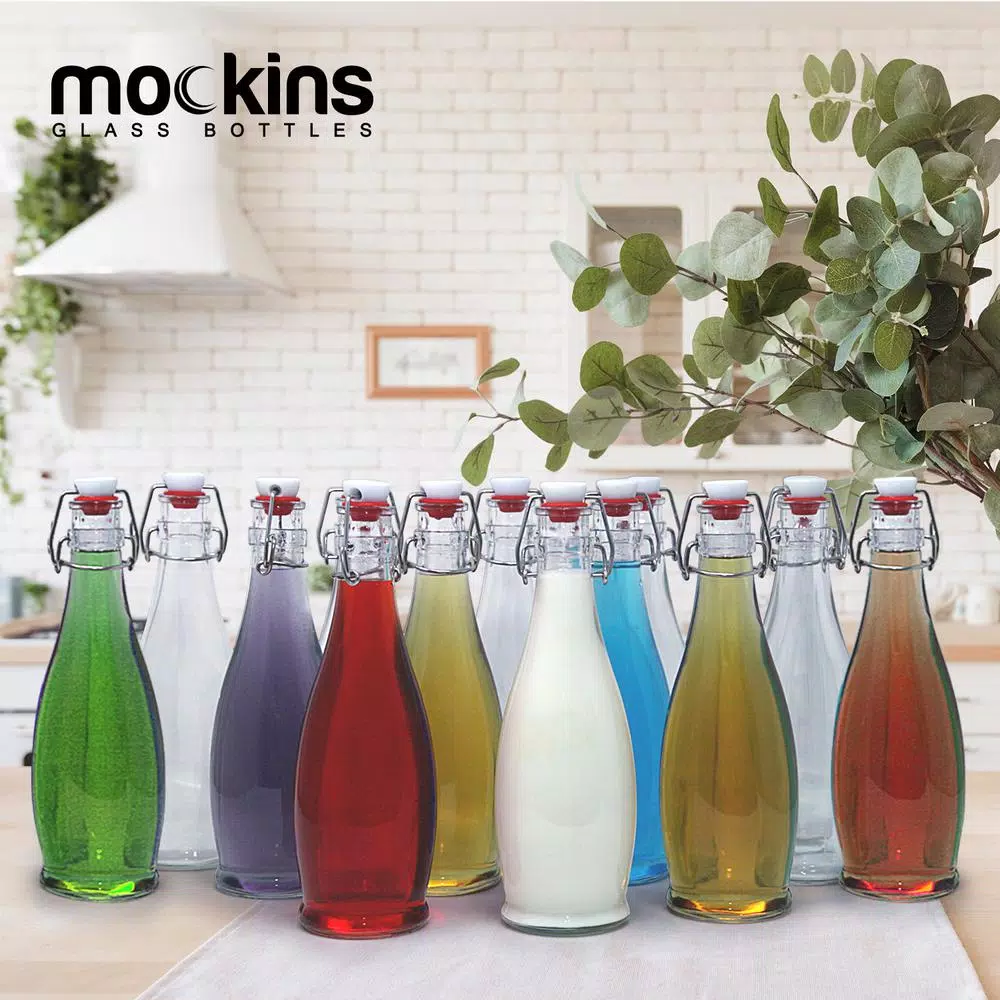 Mockins 17 oz. Glass Bottles with Swing Top Stoppers, Funnel, Brush, and Gold Marker (Set of 12)