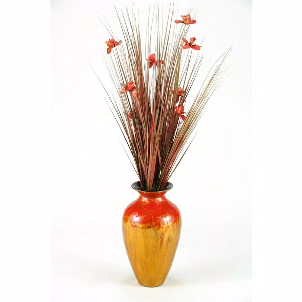 D&W Silks Orchid Floral Arrangement with Burgundy Blossoms in Burnt Copper Spun Bamboo Vase