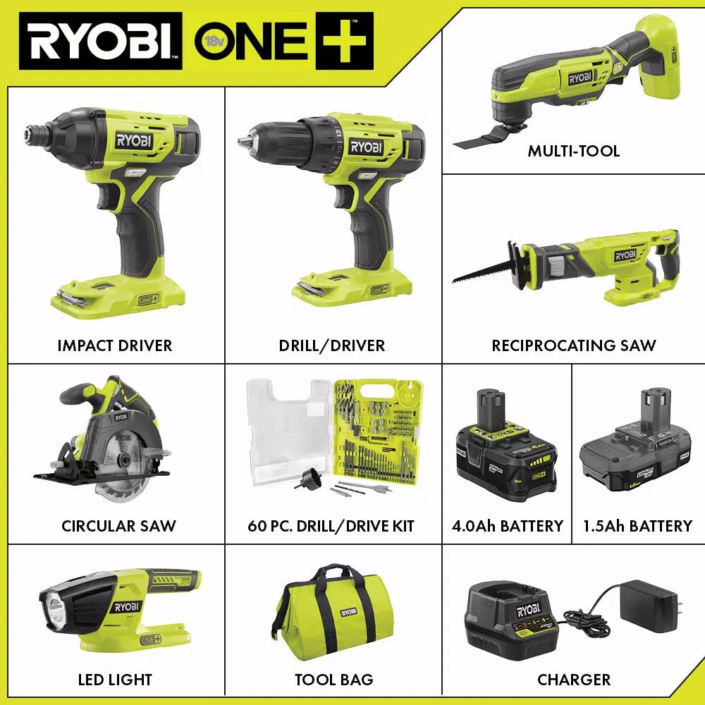 RYOBI 18V ONE+ Cordless 6-Tool Combo Kit with (2) Batteries, Charger, Bag & 60-Piece Drill/Drive Bonus Kit