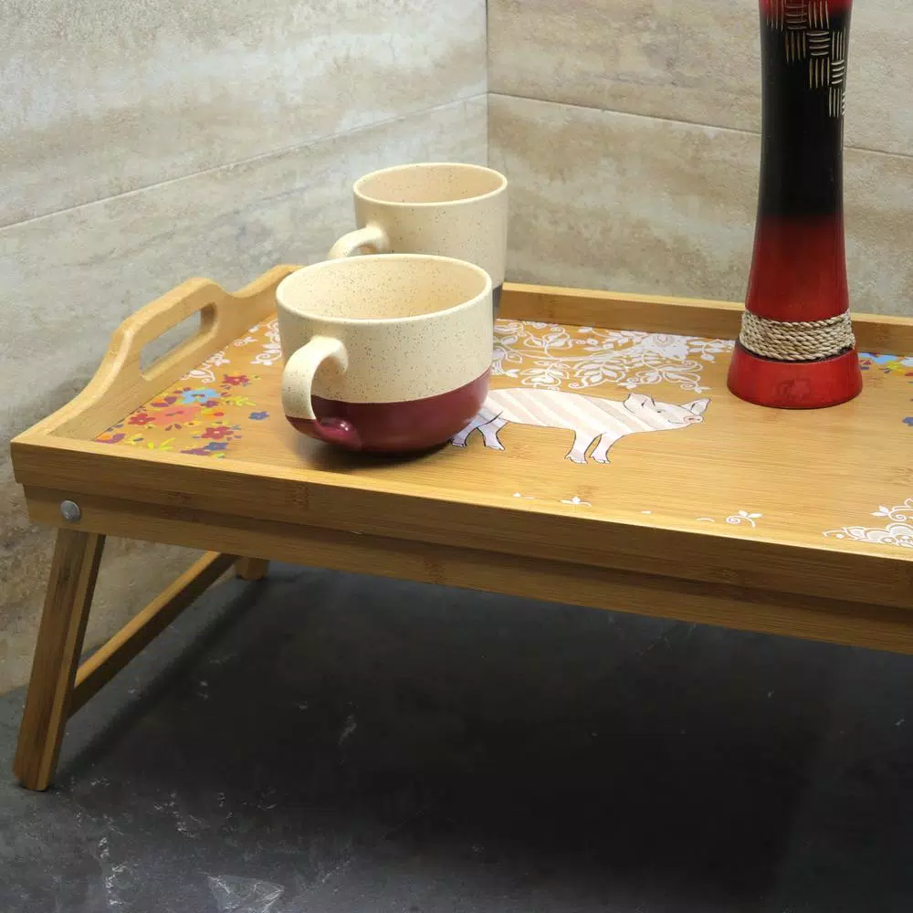Urban Market Life On The Farm Bamboo Bed Tray with Foldable Legs and Floral Pig Design