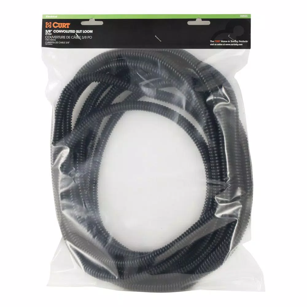 CURT 3/8" Convoluted Slit Loom Tubing, 25ft Black Wire Conduit