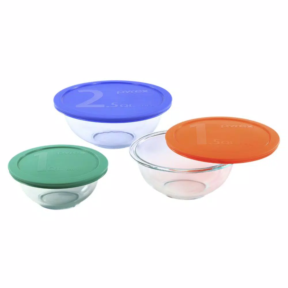 Pyrex 6-Piece Glass Mixing Bowl Set with Assorted Colored Lids
