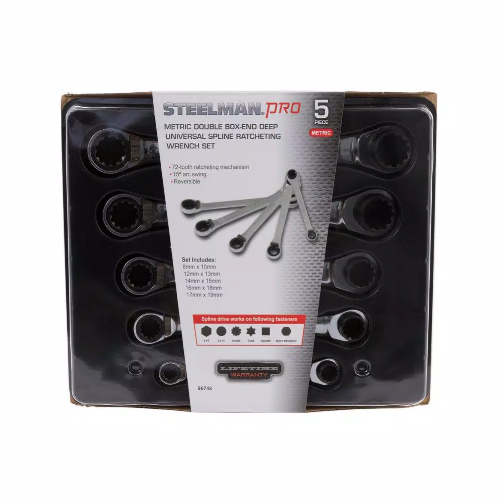 STEELMAN PRO 96748 Metric Universal Spline Ratcheting Wrench Set, 5-Piece Deep Box-End