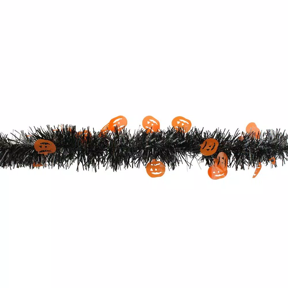 Northlight 50 ft. Black and Orange Jack O Lantern Halloween Tinsel Garland, Unlit