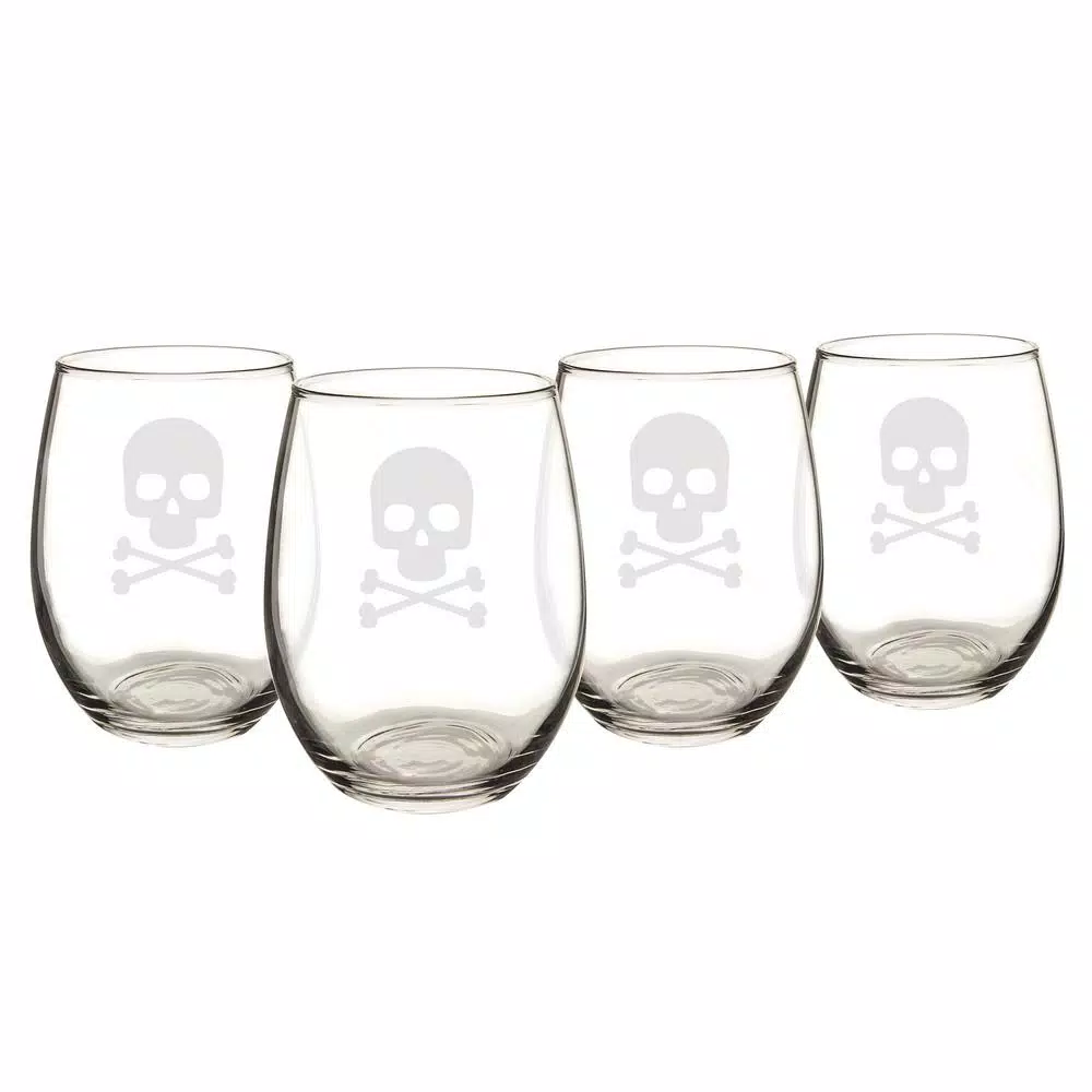 Cathy's Concepts Skull & Crossbones 21 oz. Stemless Wine Glasses, Set of 4, Clear Glass