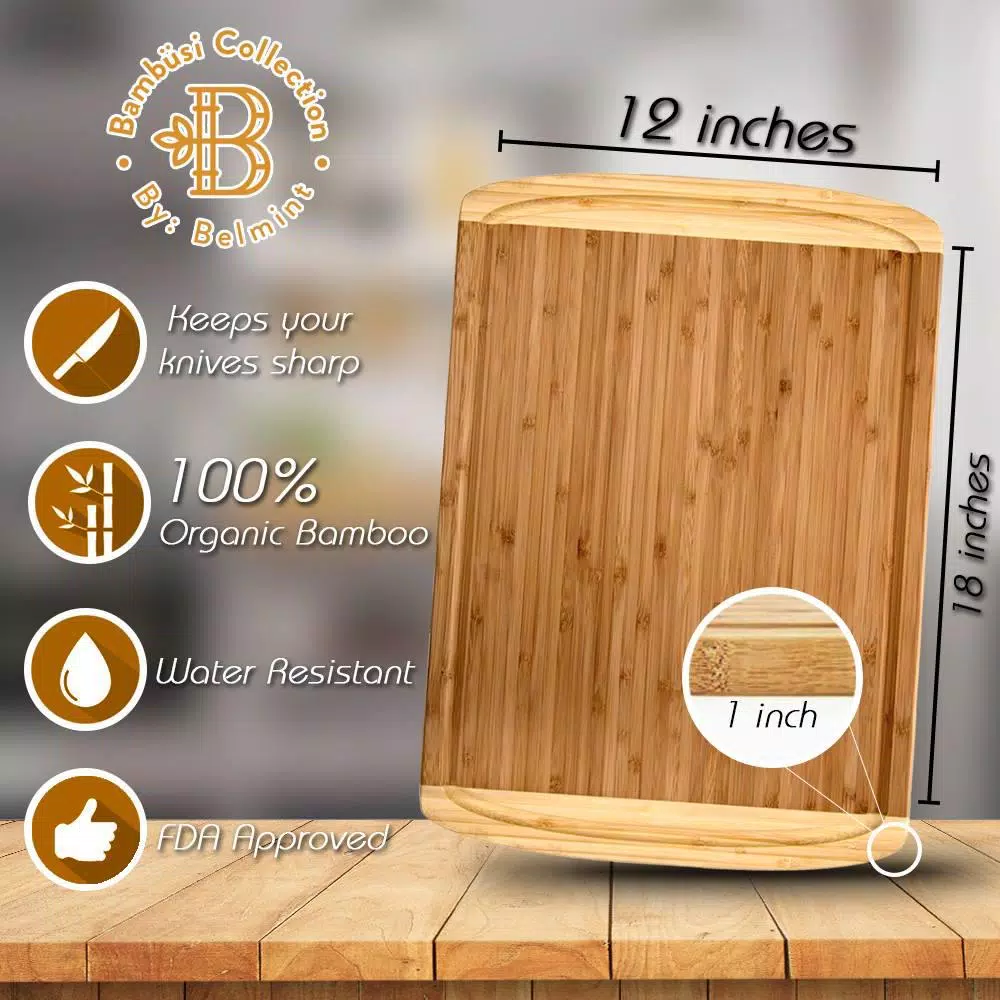 Bambusi Large Bamboo Cutting Board Set of 2 with Juice Groove, Rectangle Wood Chopping Boards for Meat and Veggies