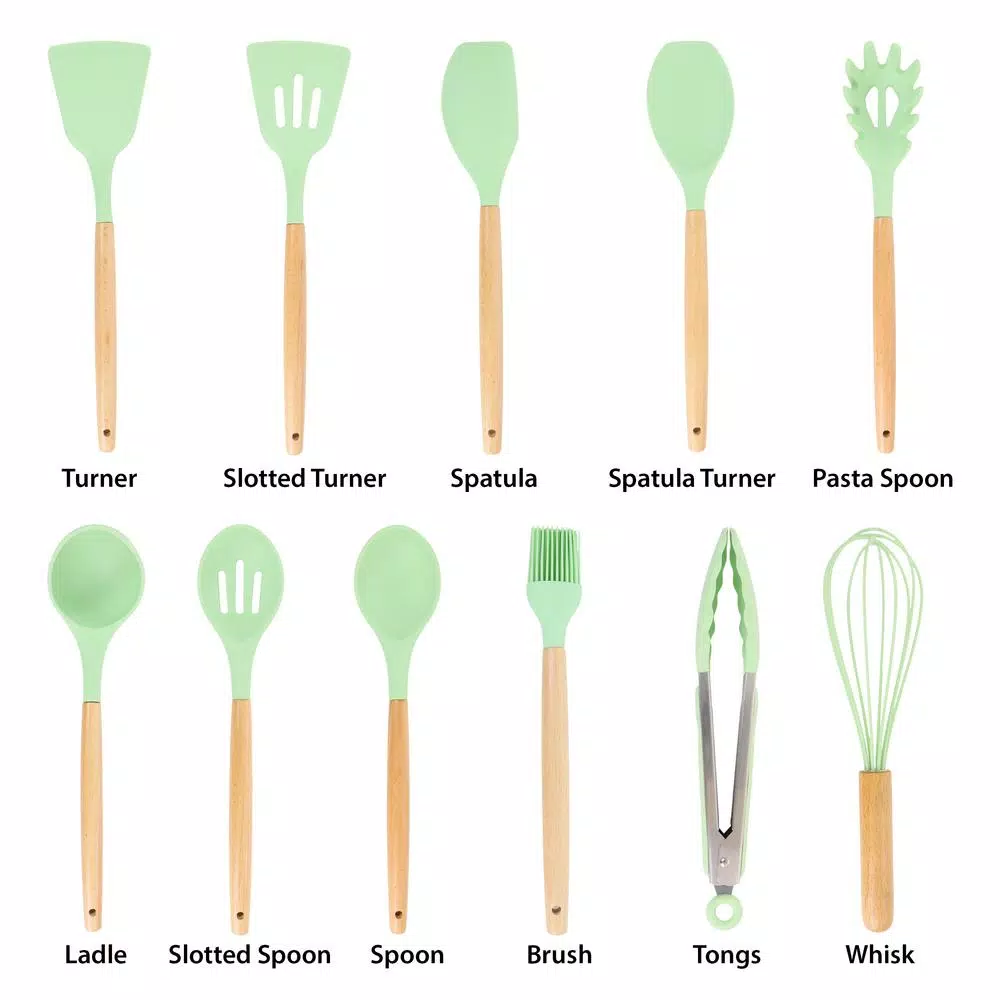 MegaChef 12-Piece Mint Green Silicone and Wood Kitchen Utensil Set