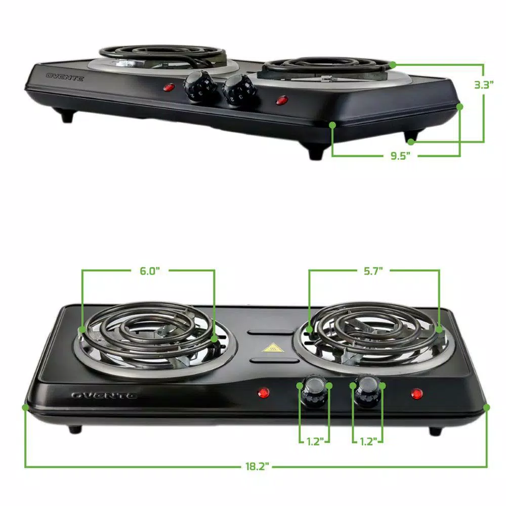 Ovente BGC102B Electric Double Coil Hot Plate Burner, 1700W, Black