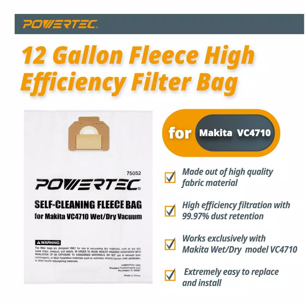 POWERTEC 5-Pack Fleece Filter Bag Replacement for Makita VC4710 Wet/Dry Vacuum