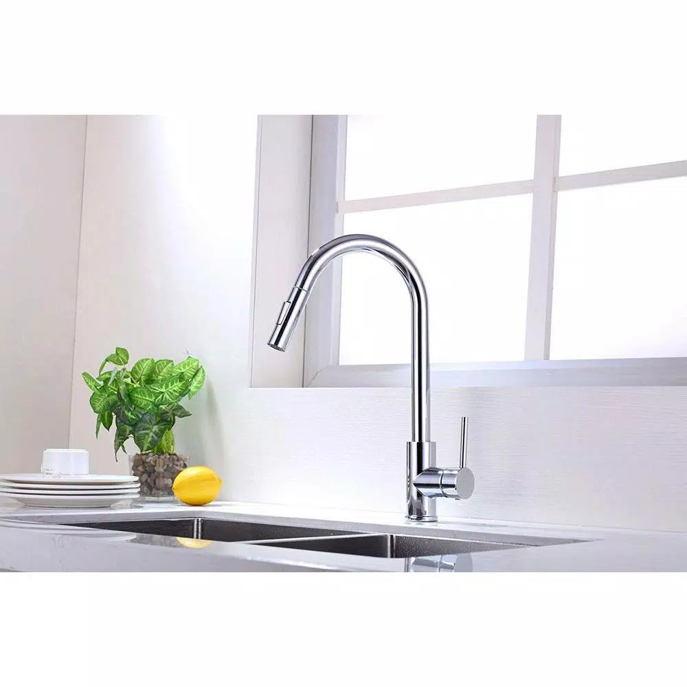Vanity Art Chrome Single-Handle Pull-Down Kitchen Faucet with 360° Swivel Spout