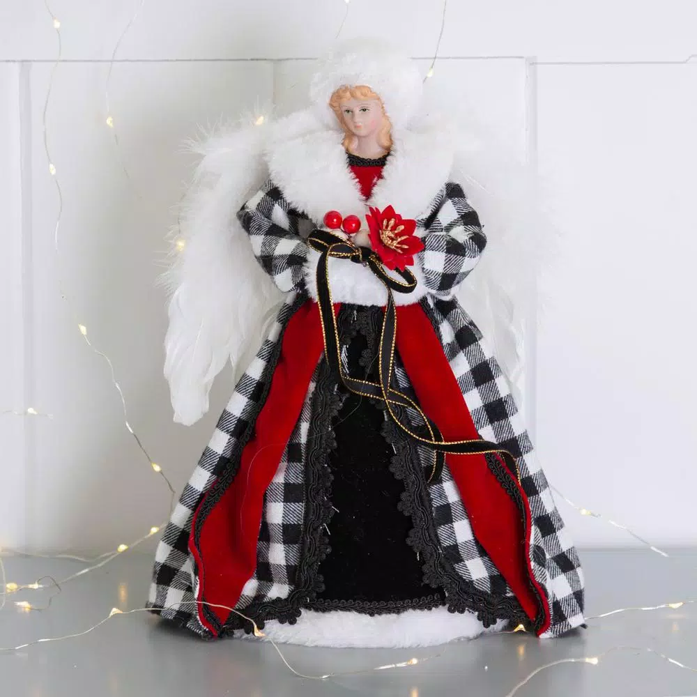 Glitzhome 12 in. Black and White Plaid Angel Tree Topper - 3D Figurine