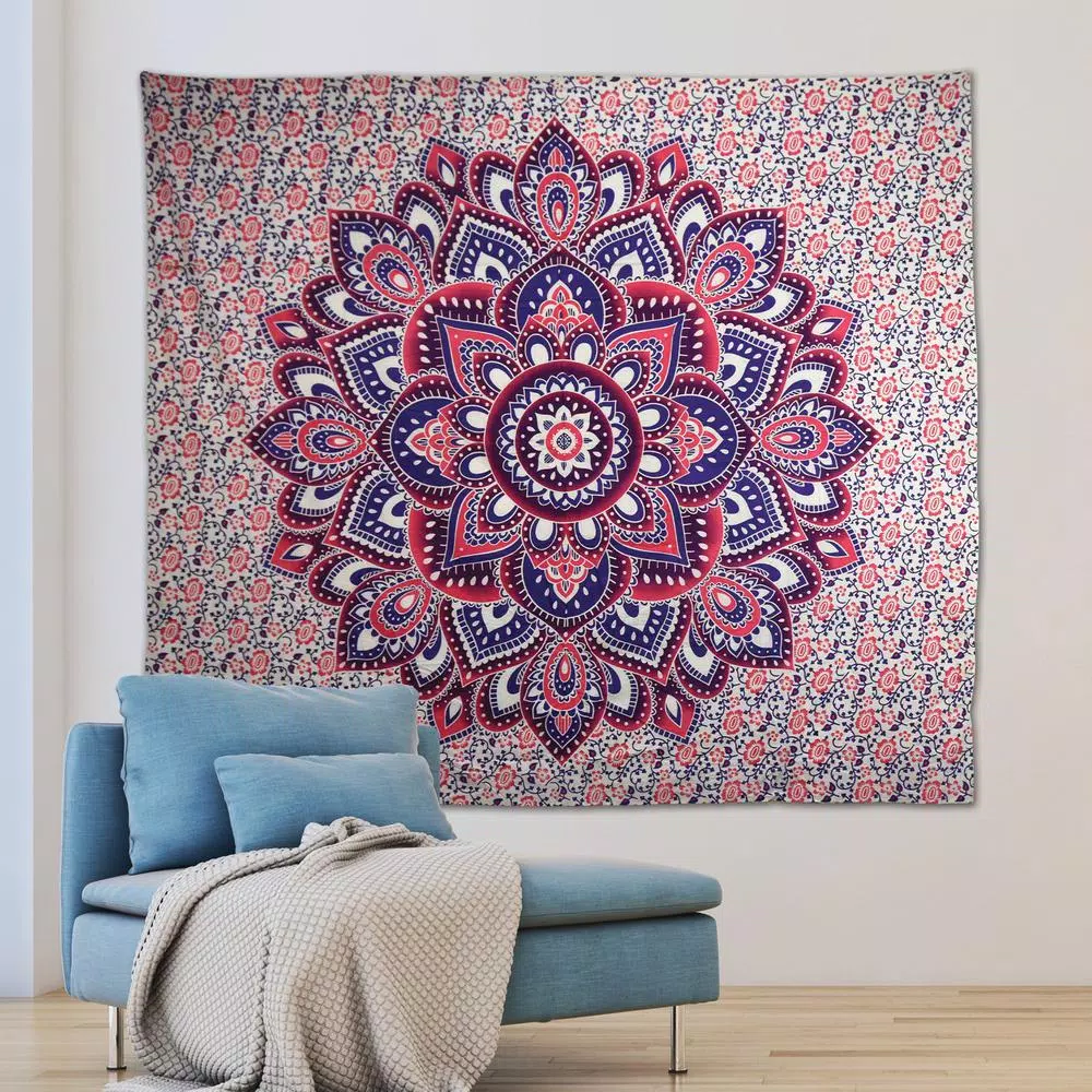 WallPops Myra Pink and Purple Mandala Floral Wall Tapestry - Bohemian Cotton Wall Hanging