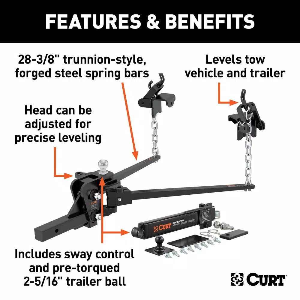 CURT Short Trunnion Bar Weight Distribution Hitch Kit, 10,000-15,000 lbs. GTW, 28-3/8 in. Bars