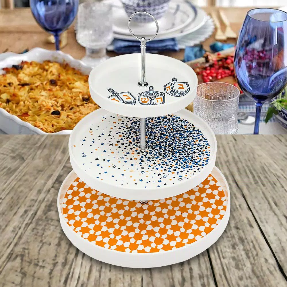 Godinger Chanukah 3-Tier Bone China Serving Tray, 10.75 in. x 12 in. White