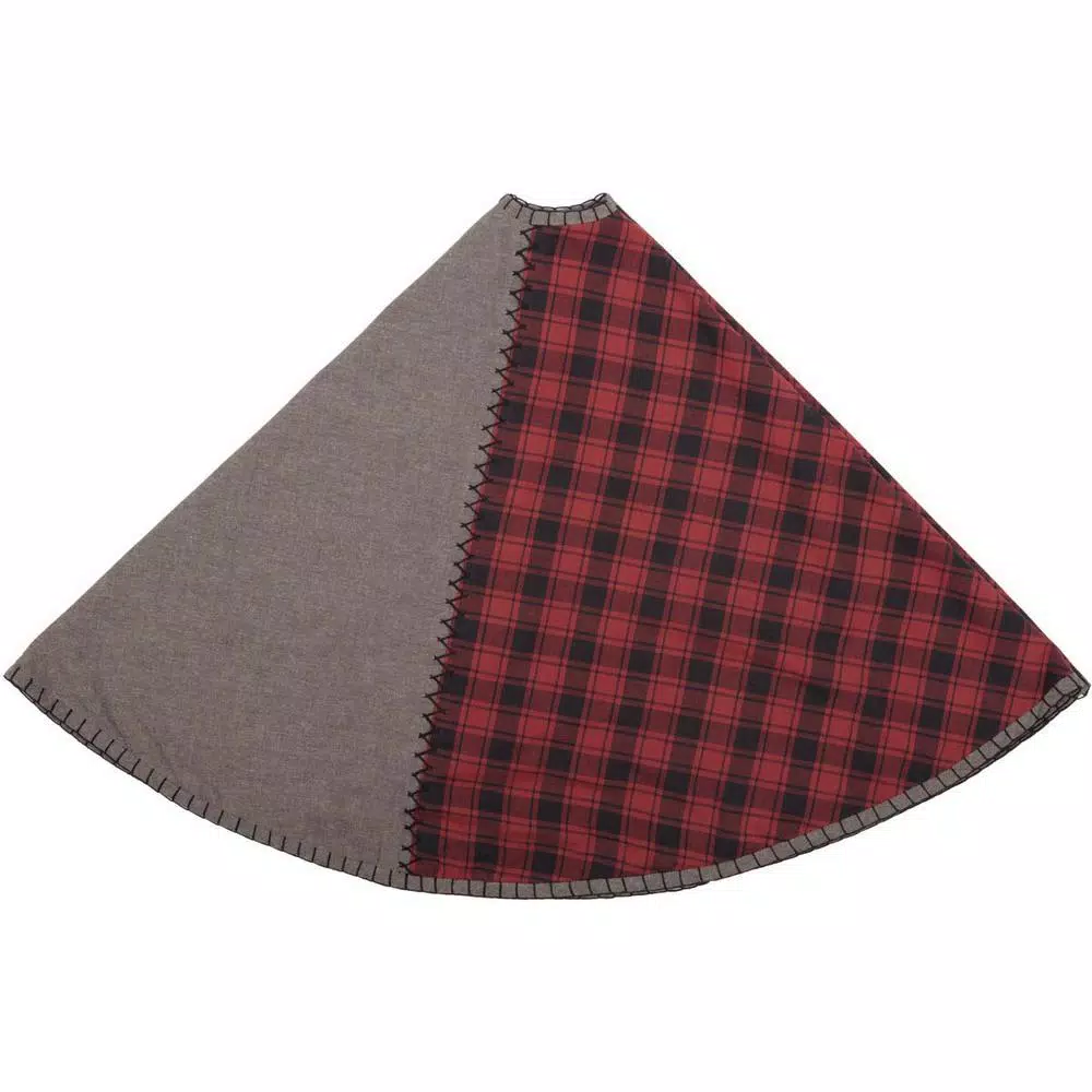 VHC Brands 48 in. Andes Charcoal Grey and Red Buffalo Check Rustic Cotton Christmas Tree Skirt