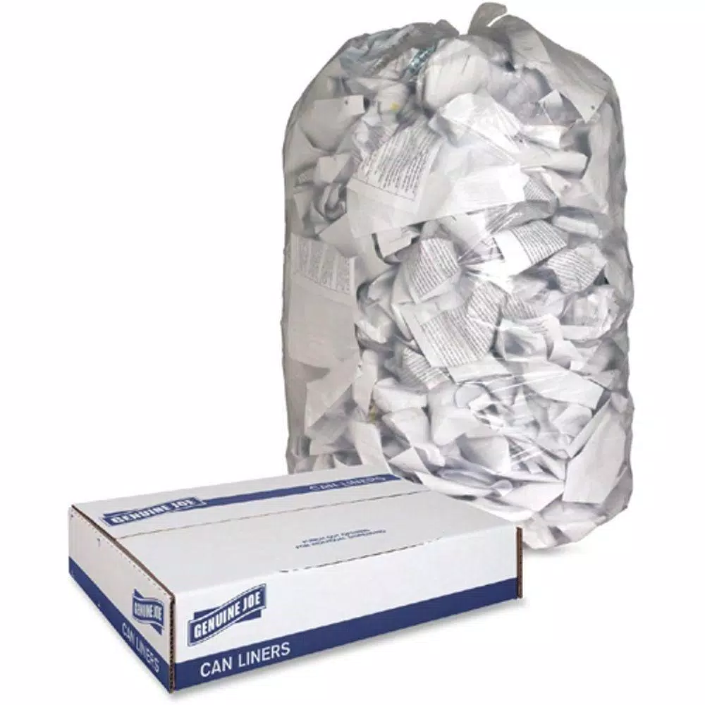 Genuine Joe 60 Gallon Clear Trash Can Liners, Low Density, 100-Count Coreless Roll
