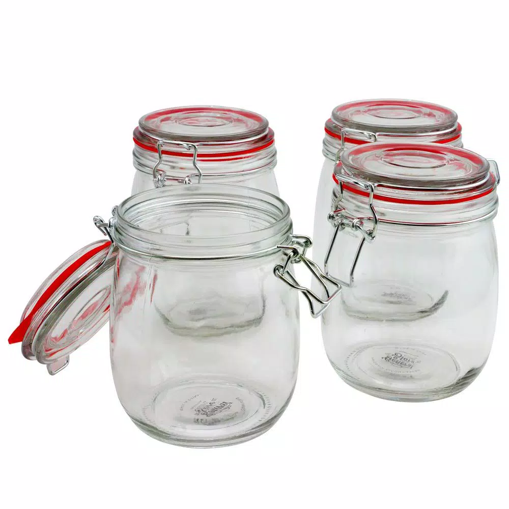 General Store Cottage Chic 4-Piece Glass Preserving Jar Set with Wire Bail and Trigger Closure