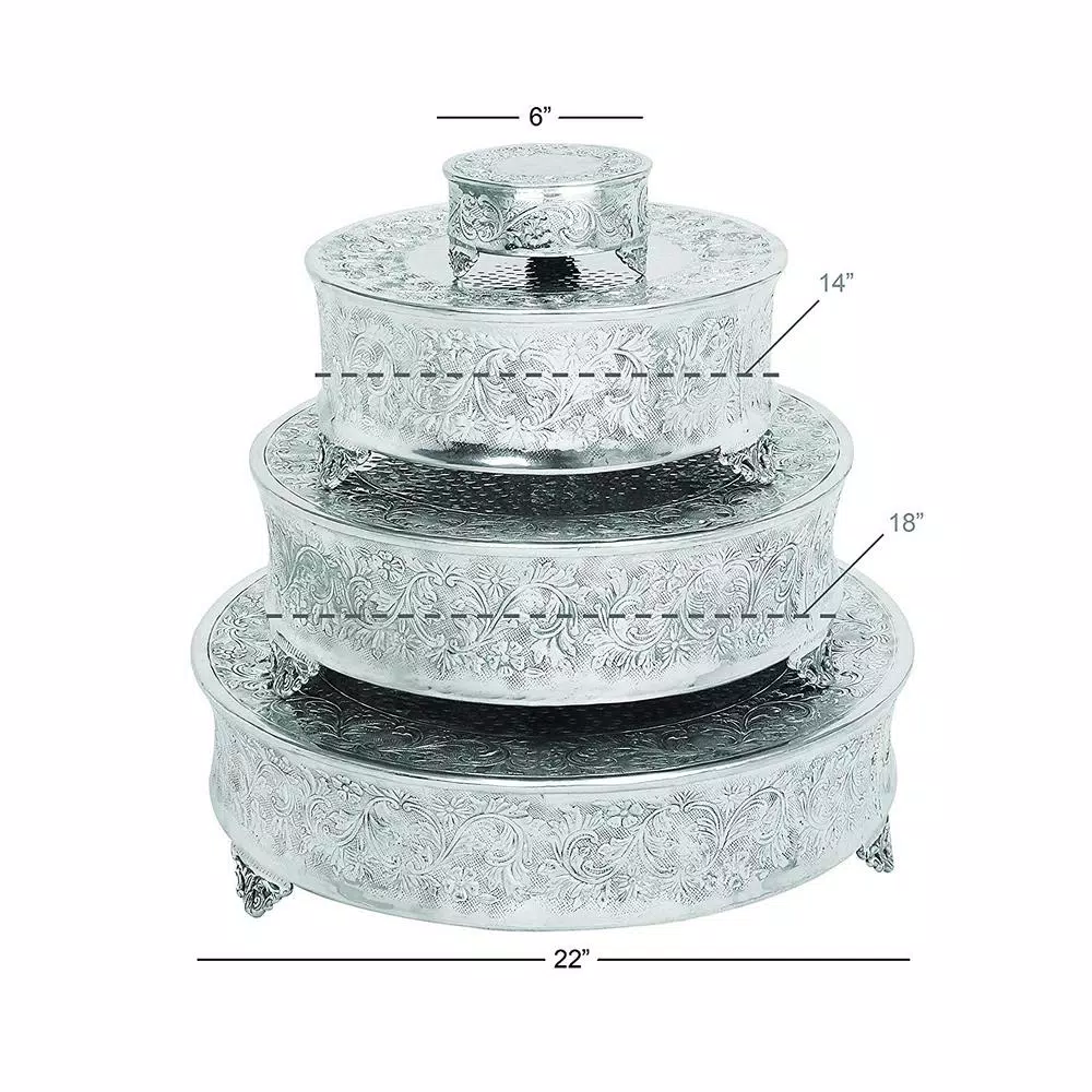 Benzara Silver Aluminum Cake Stand Set of 4 - Assorted Sizes with Intricate Carved Embossed Pattern
