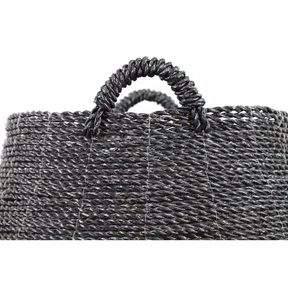 LITTON LANE Round Banana Leaf and Polypropylene Wicker Storage Baskets with Handles, Set of 2