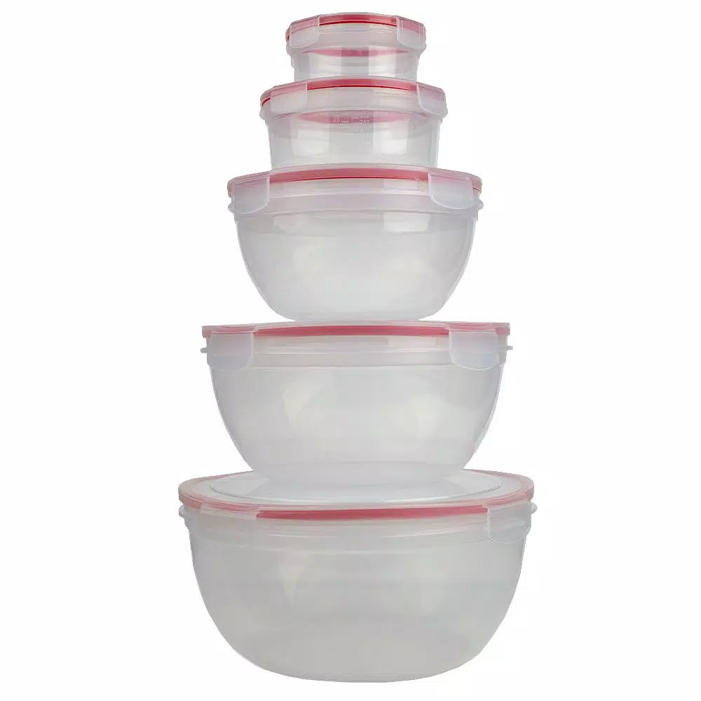 Unbranded 10-Piece Round Plastic Food Storage Container Set with Locking Snap-On Lids, Red