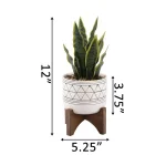 Flora Bunda 12 in. Artificial Snake Plant in White Ceramic GEO Pattern Pot with Wood Stand thumbnail 2