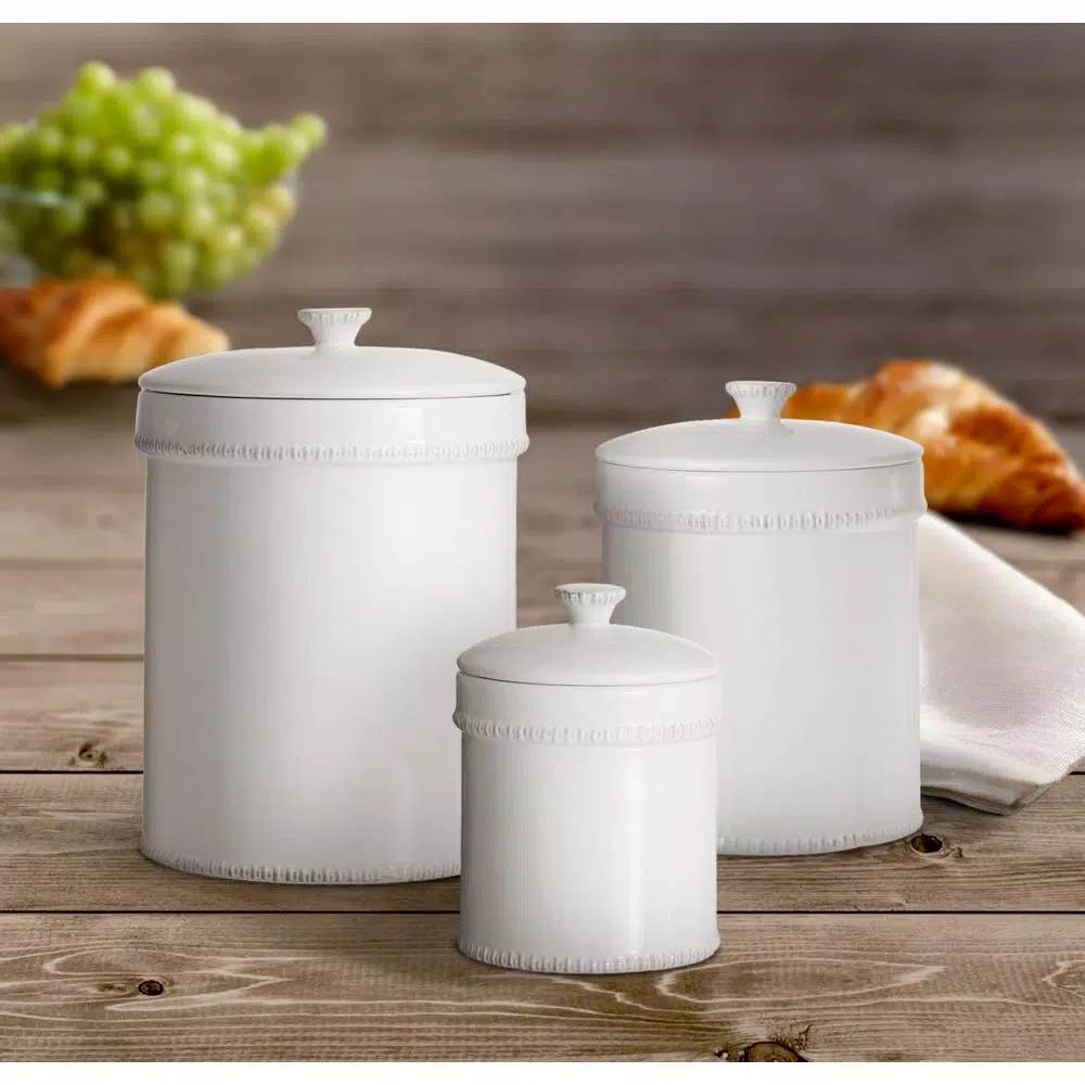 American Atelier Bianca Dash 3-Piece White Ceramic Earthenware Canister Set with Lids
