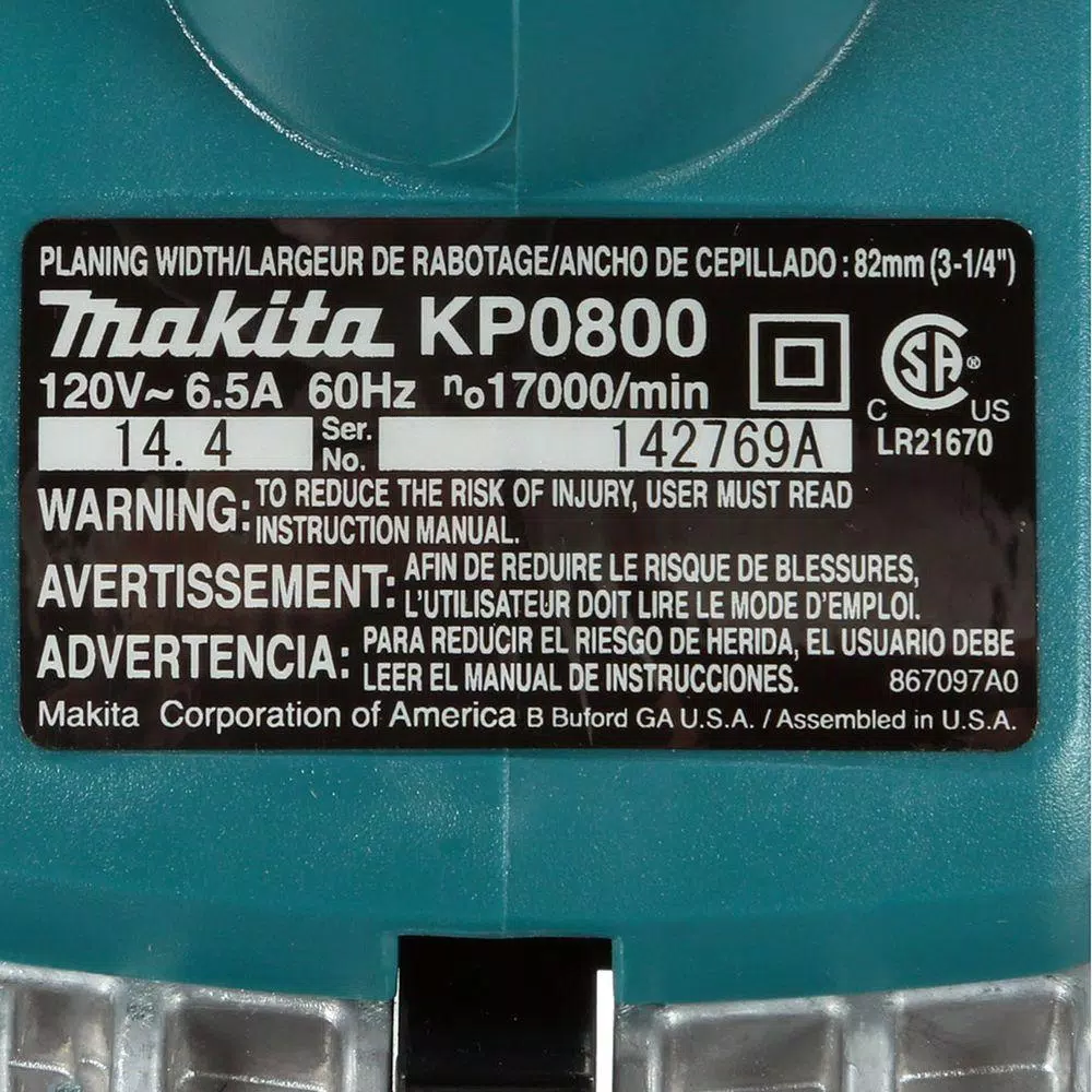 Makita 3-1/4 in. Corded Planer Kit with Blade Set and Hard Case, 6.5 Amp