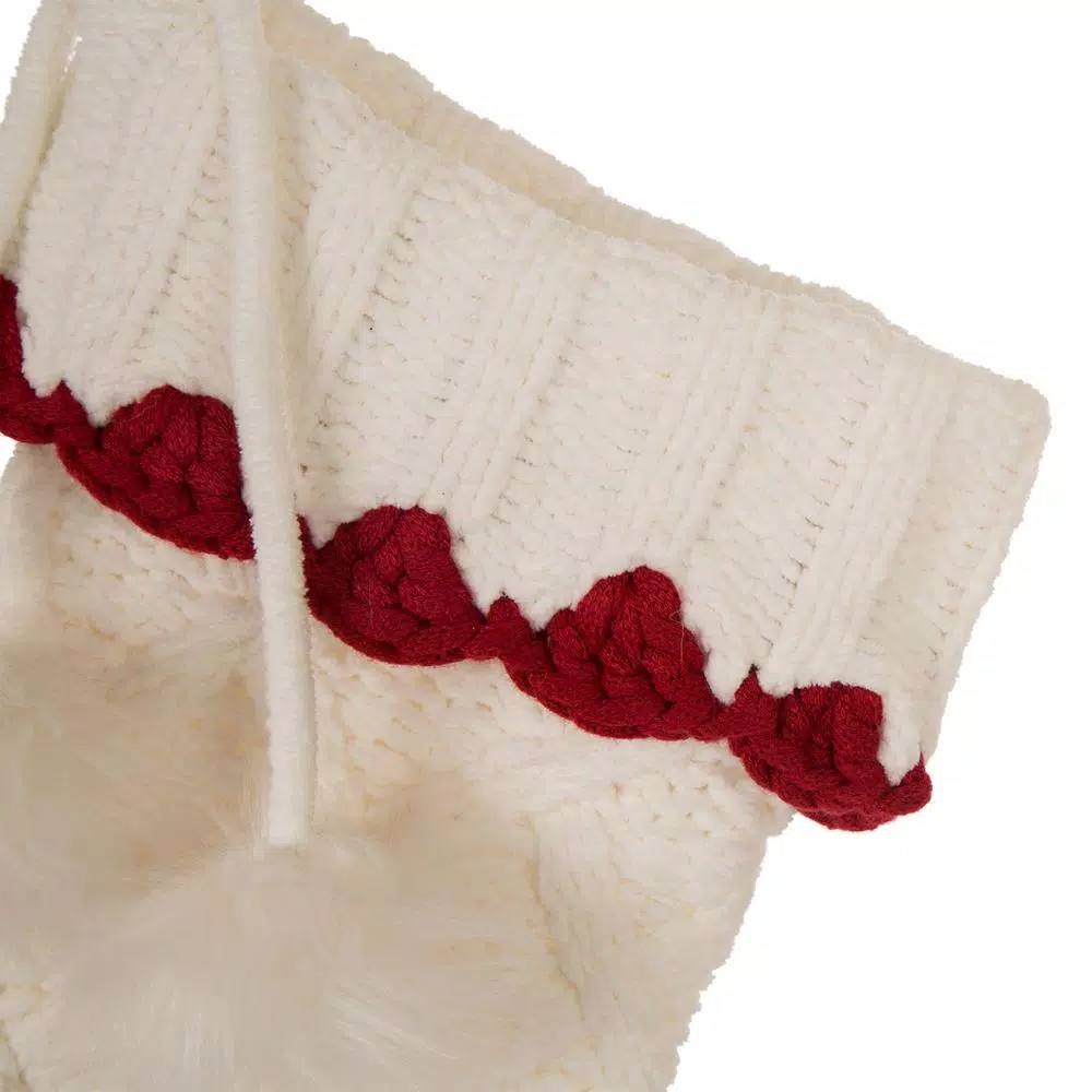 Glitzhome 22 in. White Knitted Christmas Stocking with Red Trim and Pompoms