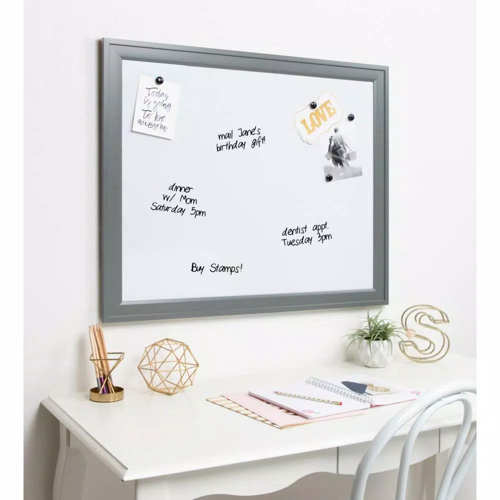 DesignOvation Bosc Gray Framed Magnetic Dry Erase Memo Board with Magnets and Marker