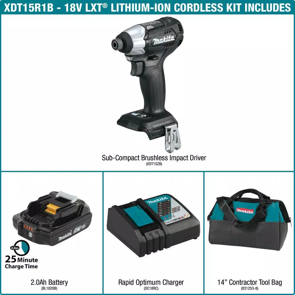 Makita 18V LXT Brushless Sub-Compact Cordless Impact Driver Kit with 2.0Ah Battery, Charger, and Bag