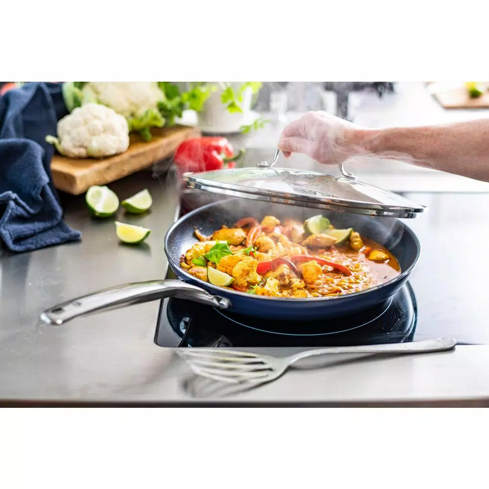 Blue Diamond 12 in. Aluminum Ceramic Nonstick Frying Pan with Glass Lid, Blue