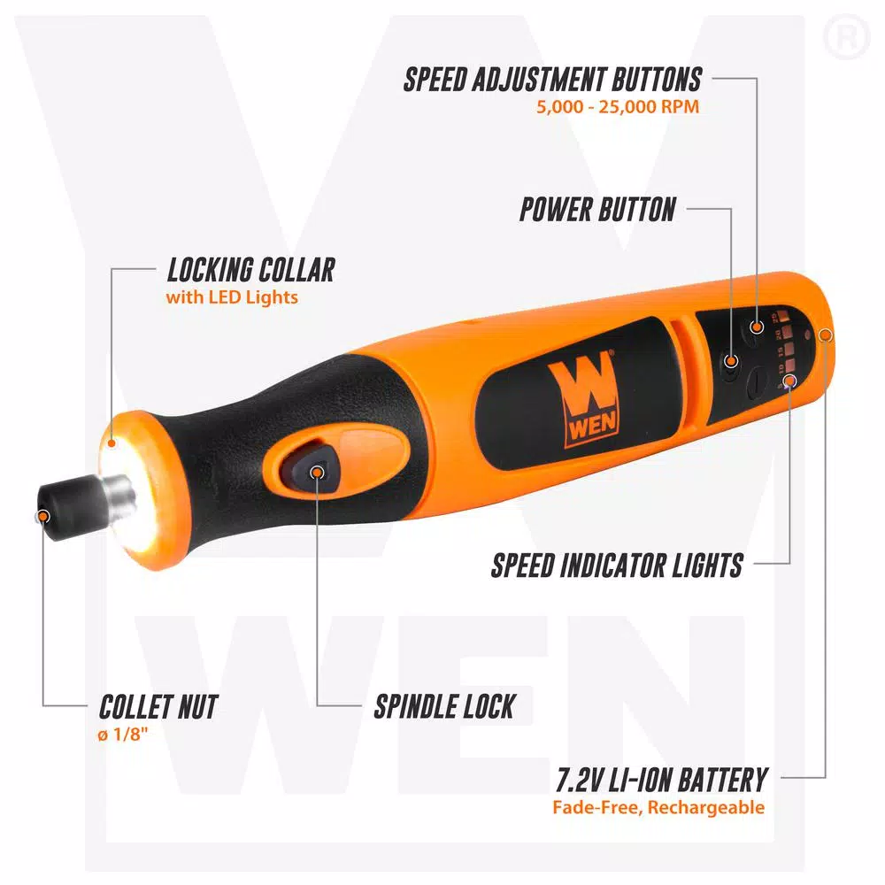 WEN 7.2V Cordless Rotary Tool Kit with 24-Piece Accessory Set, Charger, and Carrying Case