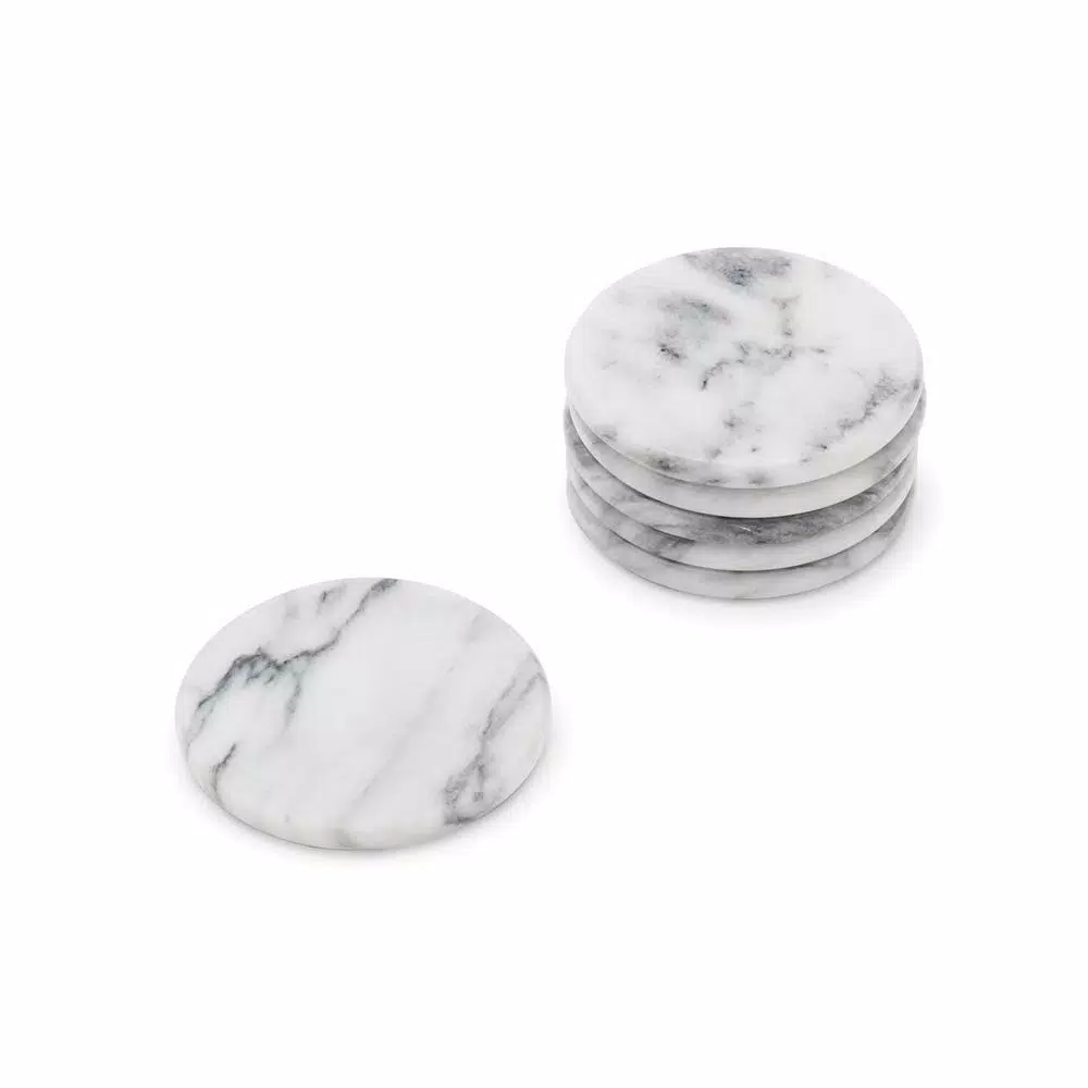 Fox Run White Marble Coasters, Set of 6, Natural Stone with Cork Underside