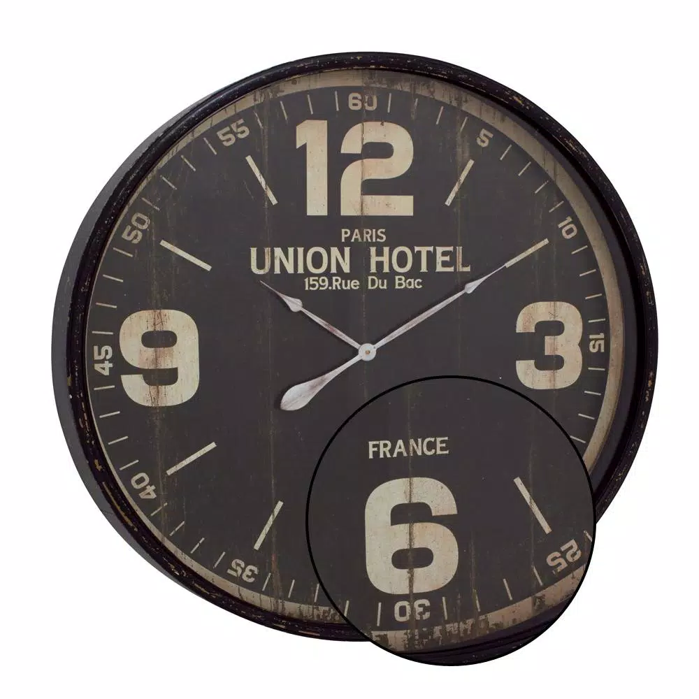 LITTON LANE 35 in. Vintage Round Wall Clock - Distressed Black Metal Industrial Design