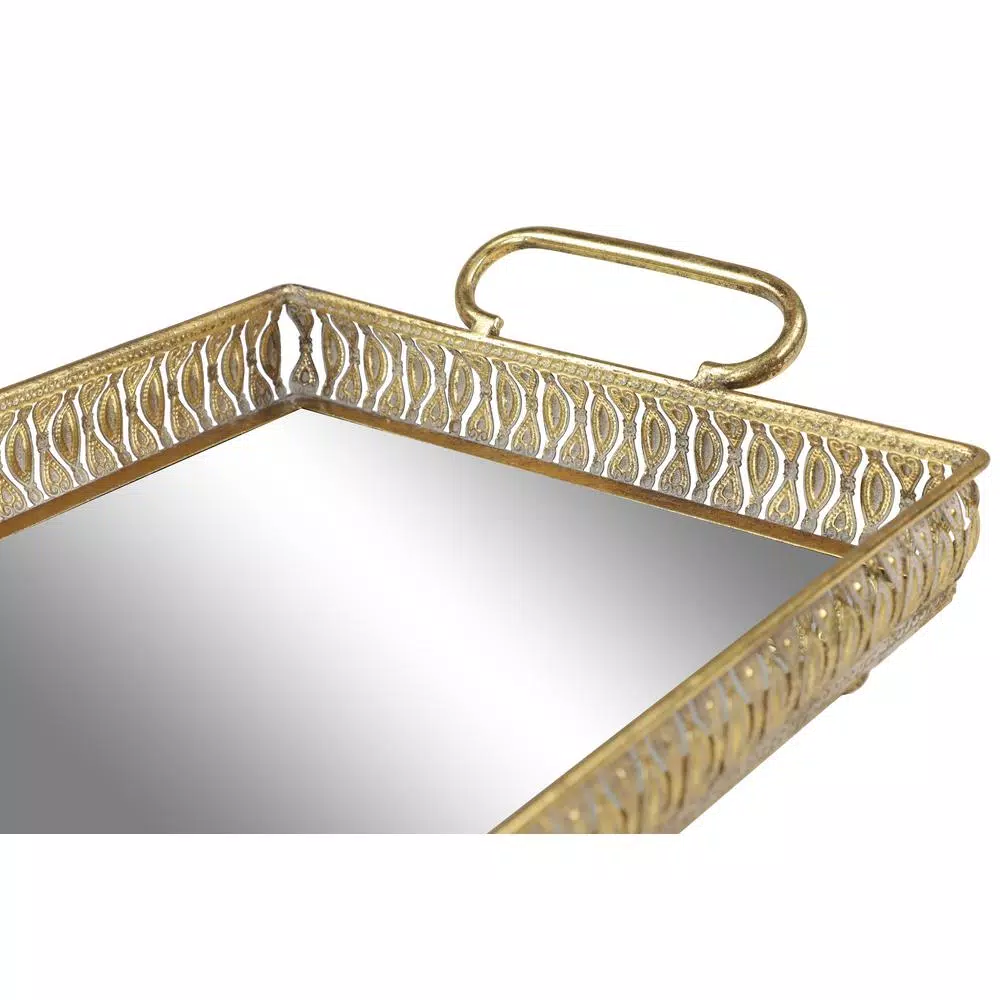 LITTON LANE Set of 3 Large Rectangular Metallic Gold Mirror Vanity Trays with Pierced Metal Designs