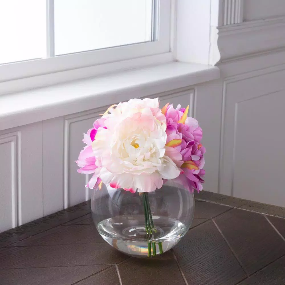 Pure Garden 7.5 in. Pink Peony Floral Arrangement in Glass Vase