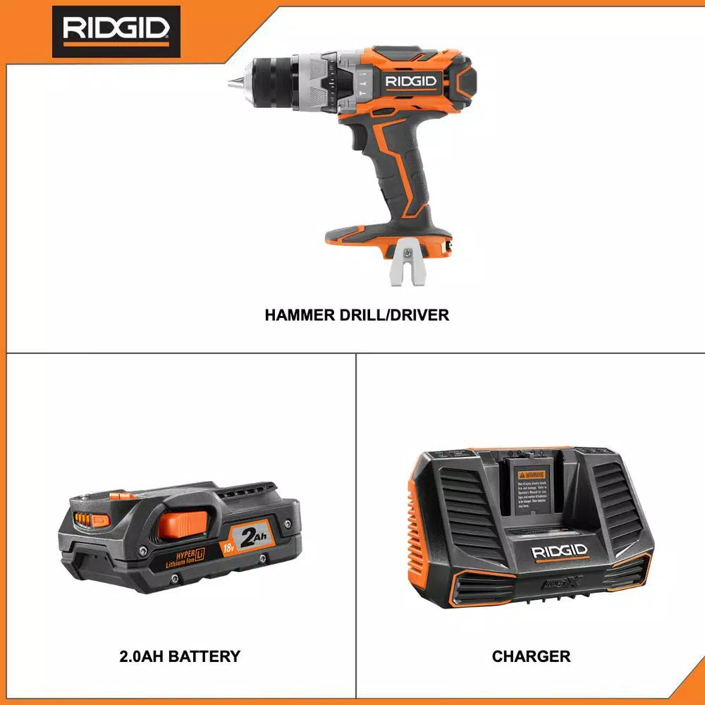 RIDGID 18V Lithium-Ion 1/2 in. Cordless Hammer Drill/Driver Kit with 2.0 Ah Battery and Charger