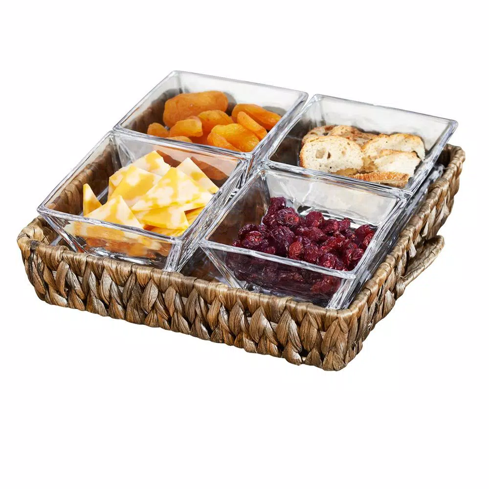 Artland Garden Terrace 4-Sectional Water Hyacinth Serving Set with Glass Tray and 4 Bowls