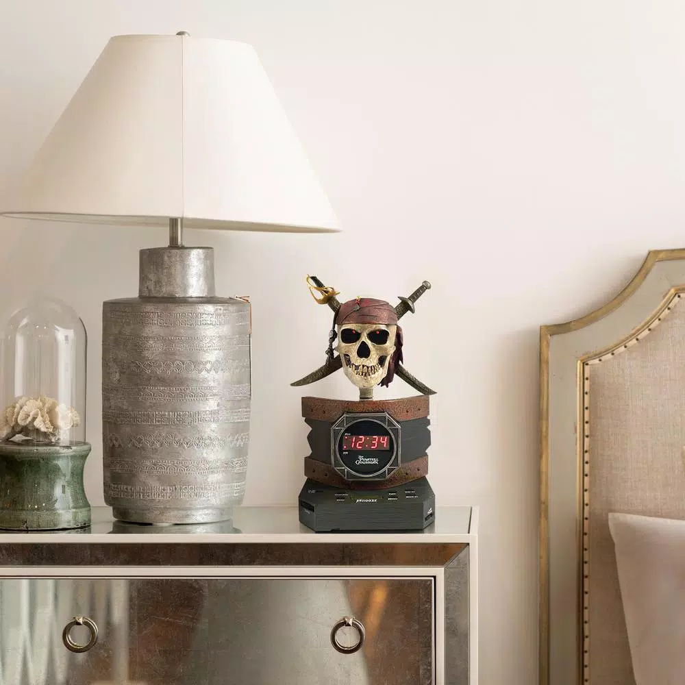 Disney Pirates of the Caribbean Themed Digital Alarm Clock Radio with Animated Jaw and Red LED Eyes