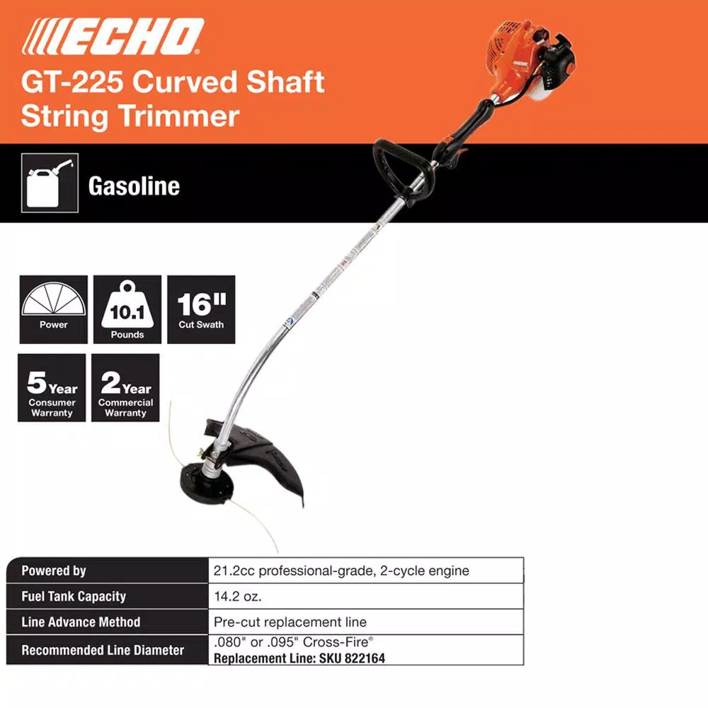 ECHO GT-225 21.2 cc Gas 2-Stroke Curved Shaft String Trimmer