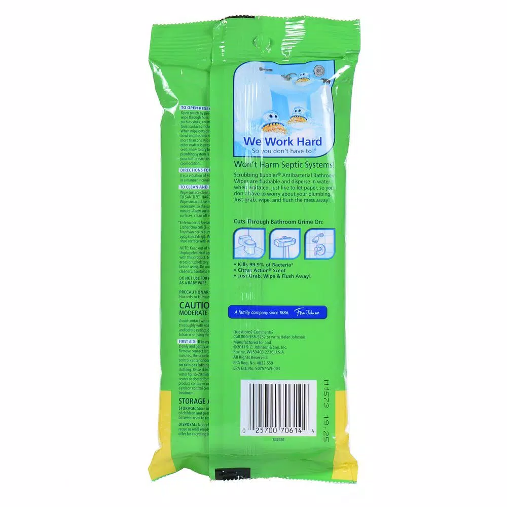 Scrubbing Bubbles Antibacterial Bathroom Flushable Wipes, Citrus Scent, 28 Count (Case of 12)